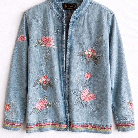 Aloya Women's Floral Embroidered Denim Jacket - Picture 2 of 6